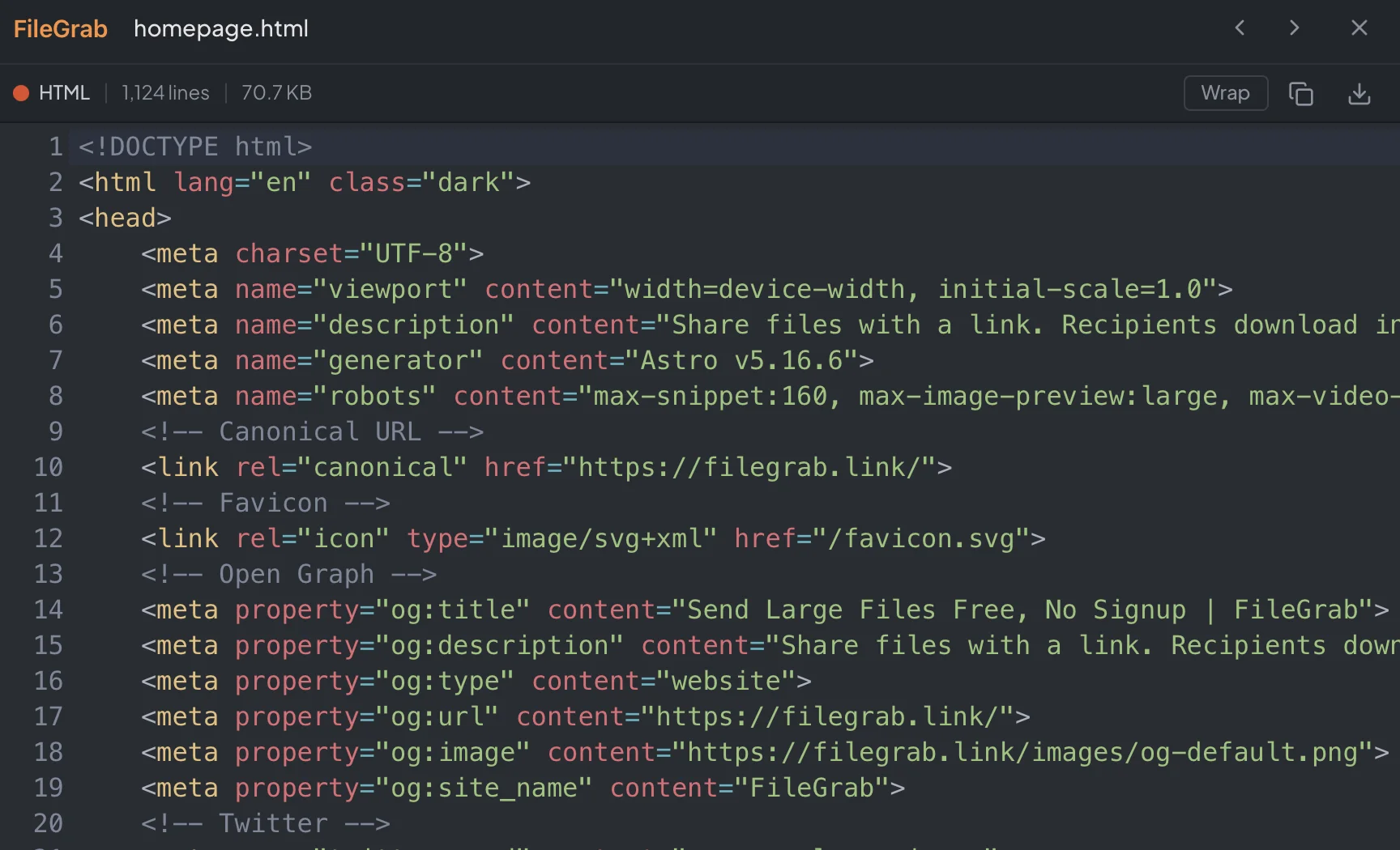 HTML file with syntax highlighting, line numbers, and the FileGrab viewer header