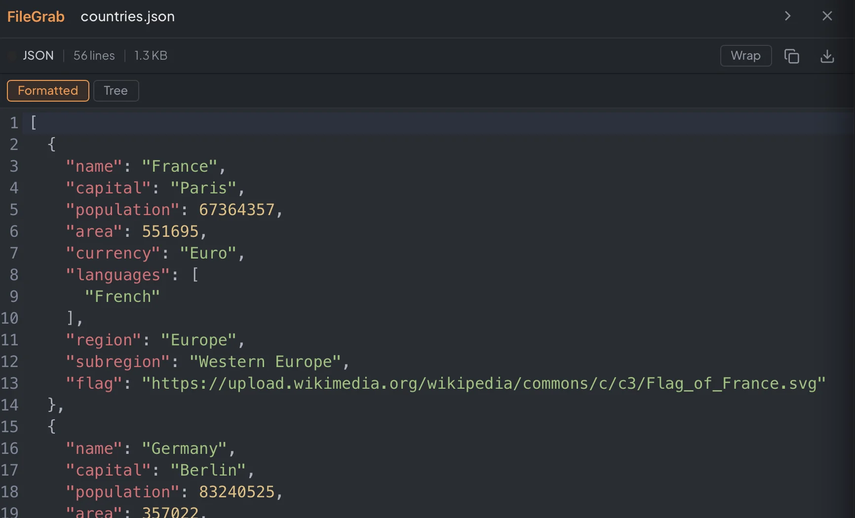 JSON file with syntax highlighting and Formatted/Tree toggle in the viewer header