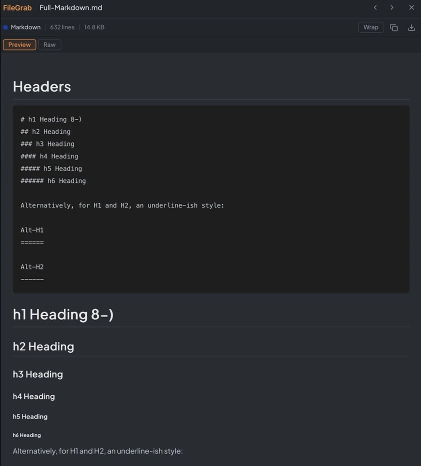 Markdown file rendered in Preview mode with headings, code blocks, and formatting