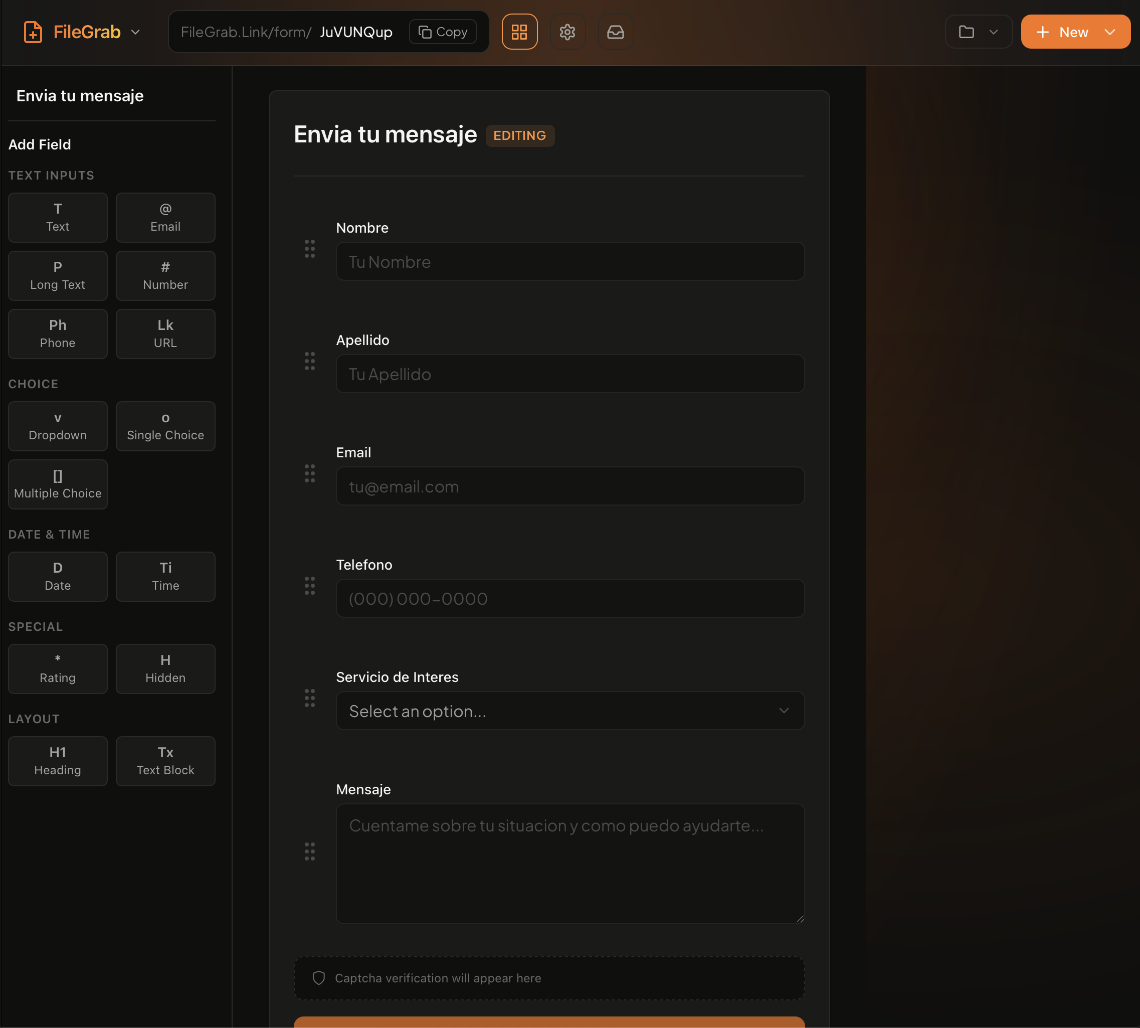 Form builder editor with drag-and-drop fields and live preview