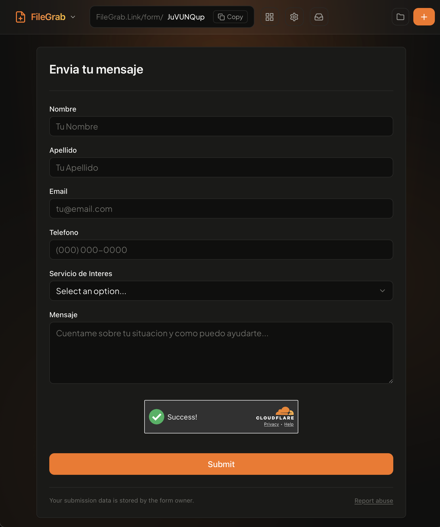 Live form view as respondents see it