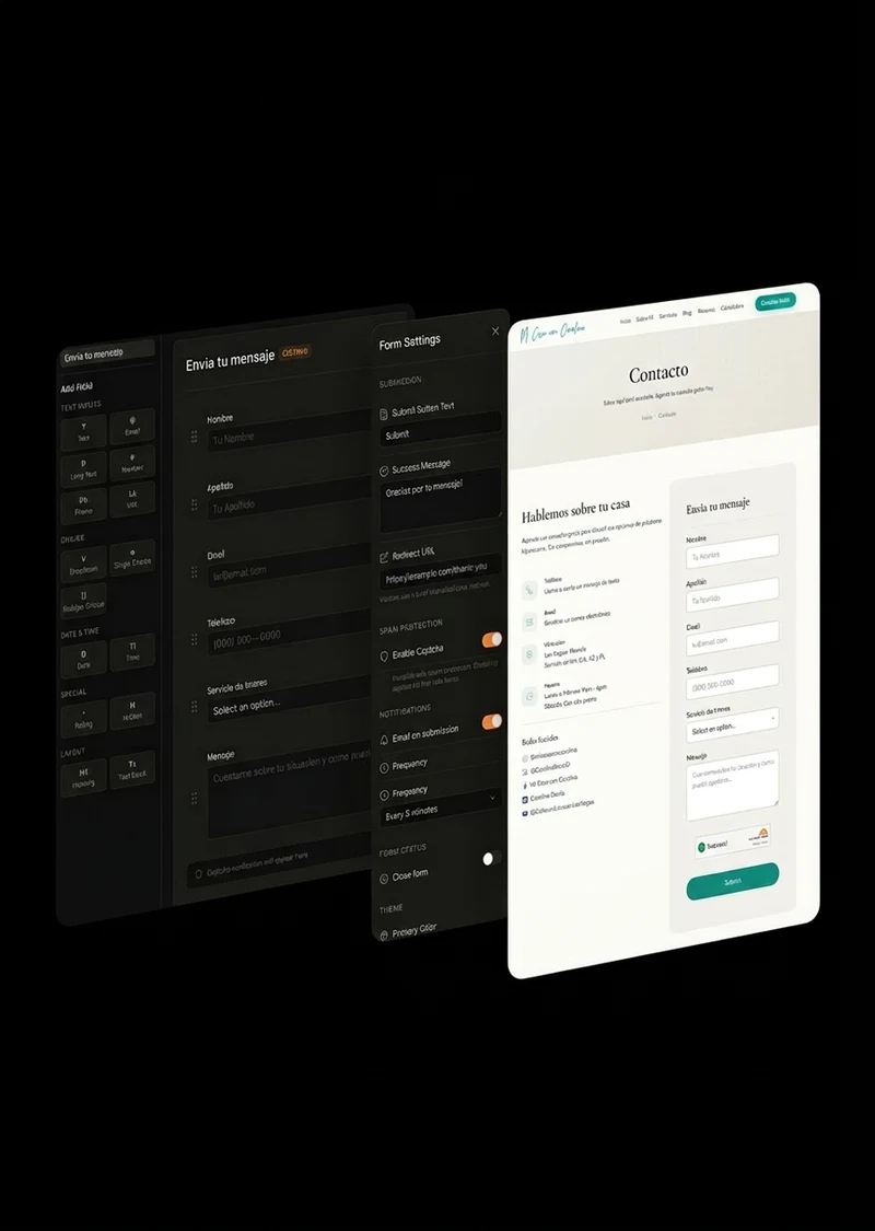 Form builder with drag-and-drop editor, settings panel, and live embedded form