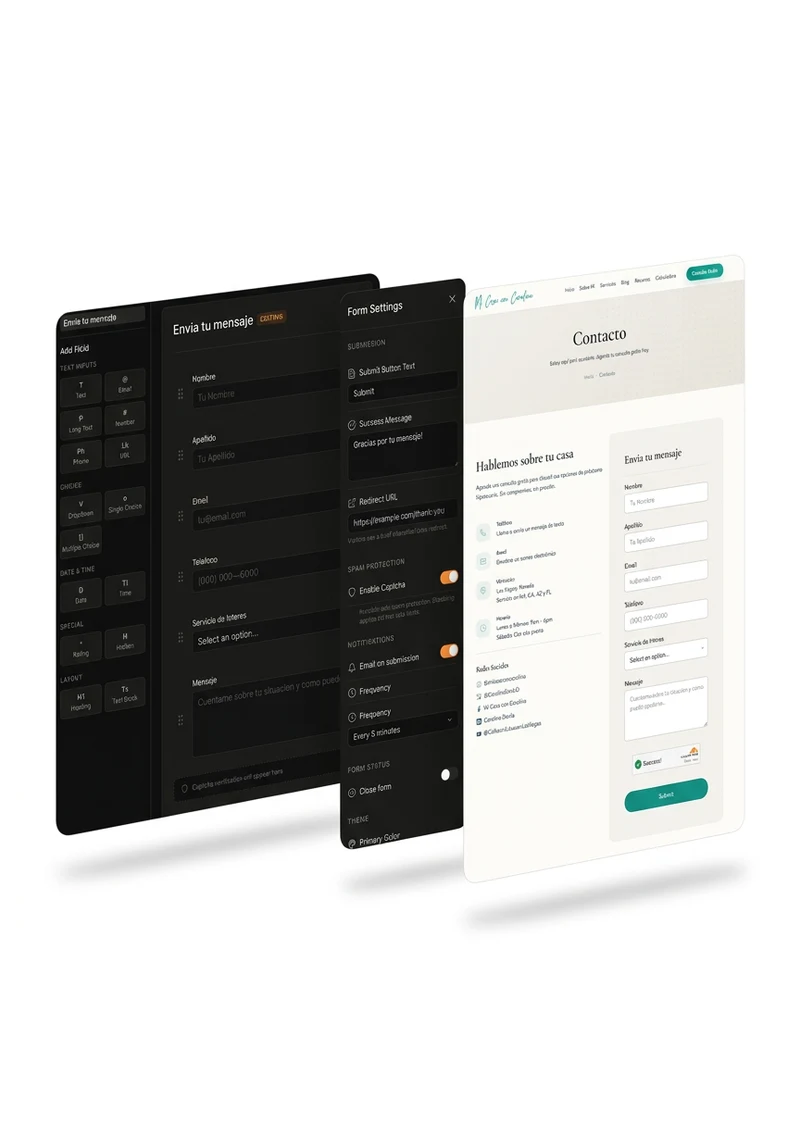 Form builder with drag-and-drop editor, settings panel, and live embedded form